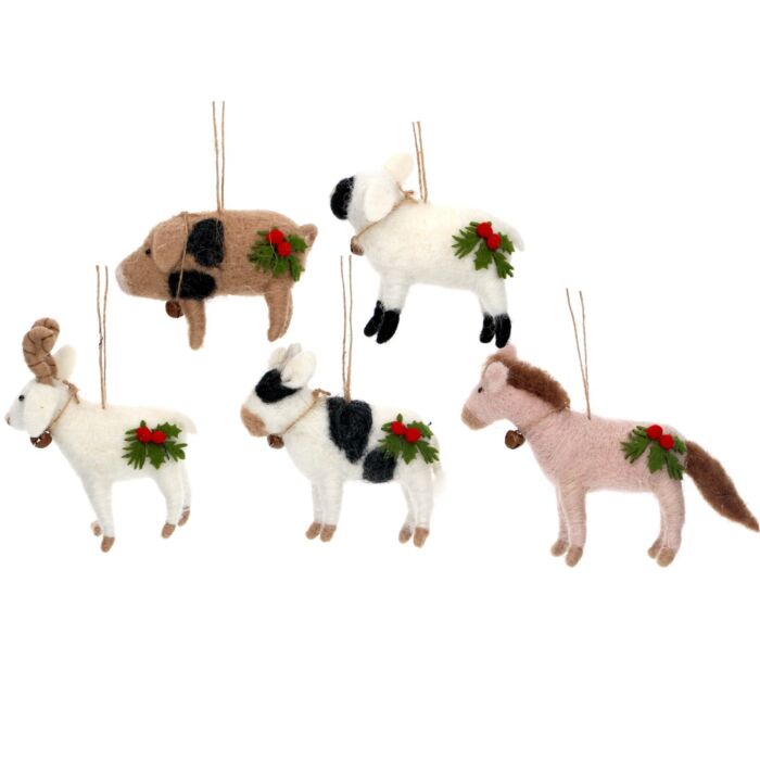 Gisela Graham Assorted Farmyard Animal w/ Holly x5